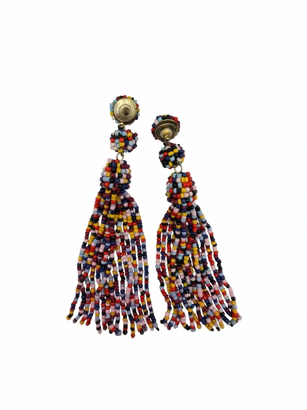 Vintage Multicolor Seed Bead Tassel Earrings Long Statement Boho NOS Unworn